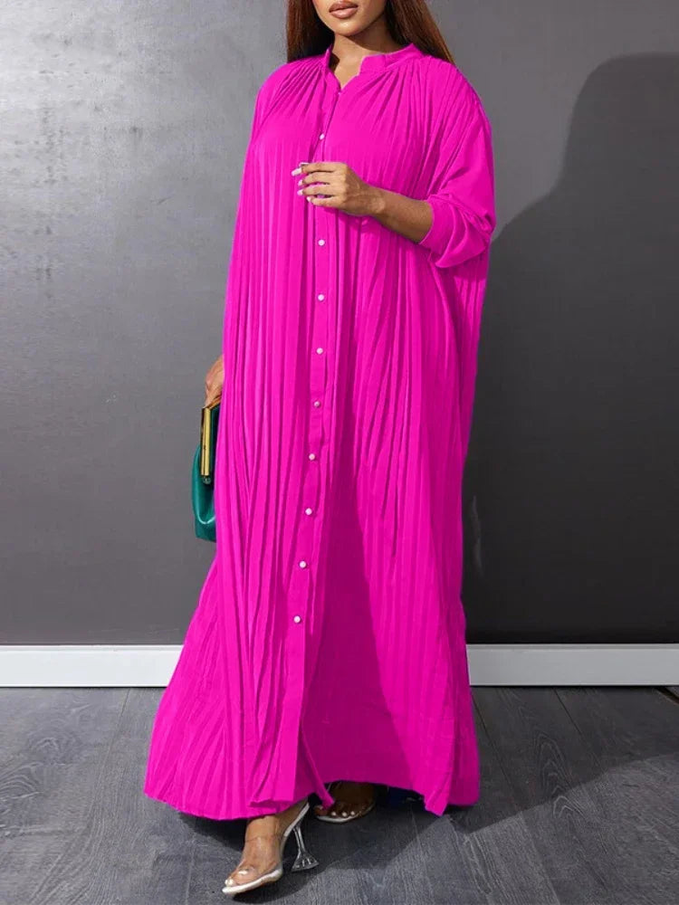 Plus Size Pleated Long Sleeve Dress For Autumn And Winter