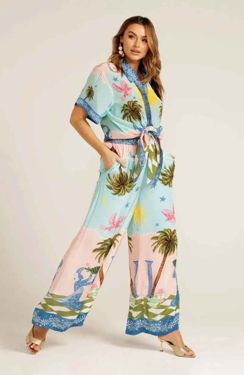 Summer Fashion 2 Piece Set for Women with Printed Half Sleeve Shirt and High Waisted Wide Leg Pants
