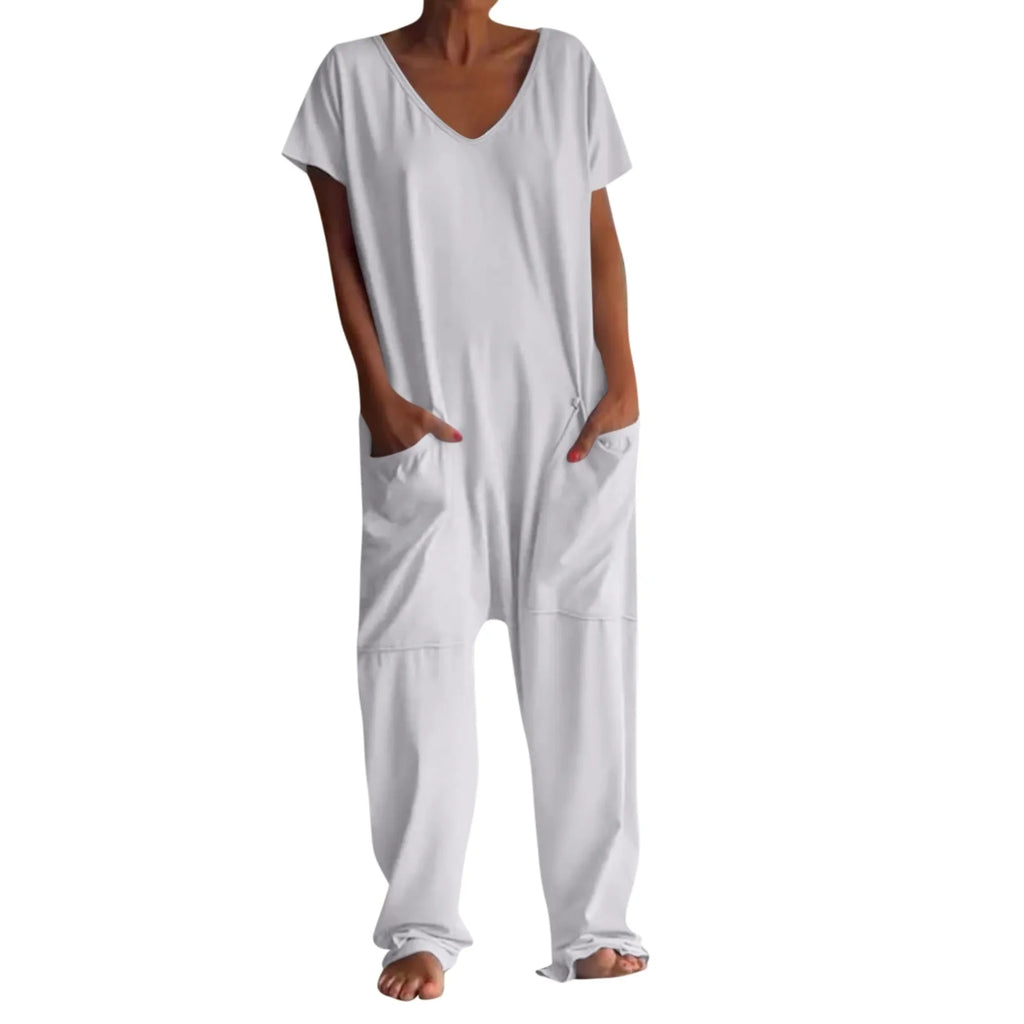 Women's Casual Short Sleeve Pullover Jumpsuit Loose Fit with Pockets Comfortable Lightweight Bodysuit Trendy Summer Romper