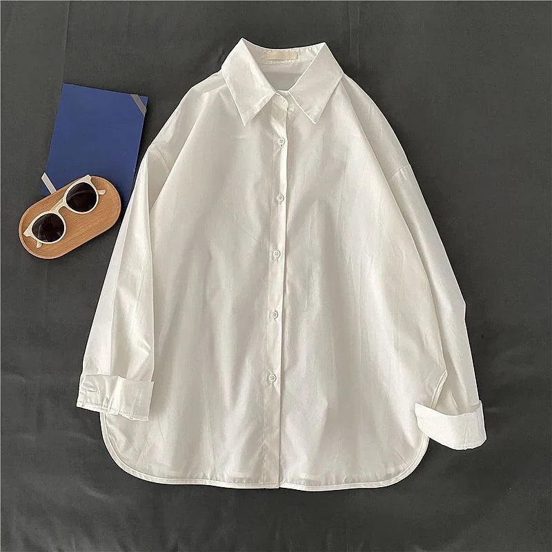Solid Long Sleeve Loose Fit Blouse Shirt for Women Casual Single Breasted Vintage-Inspired Outerwear Top with Simple Trendy Design