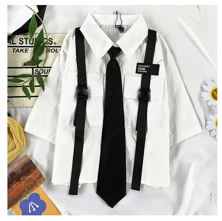 Casual Streetwear Cargo Pants Set with Chain and Harajuku Style Shirt for Women - Two Piece Loose Joggers and Blouse Outfit in Black and White