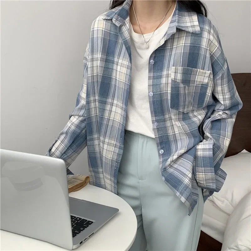 Casual Long Sleeve Plaid Blouse Mid Length Loose Fit Turn Down Collar Shirt for Women Autumn Winter Fashion Top