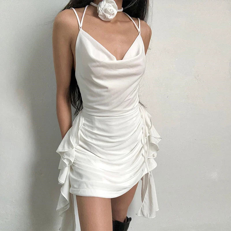 Ruffles Backless Mini Dress For Women Halter Sleeveless