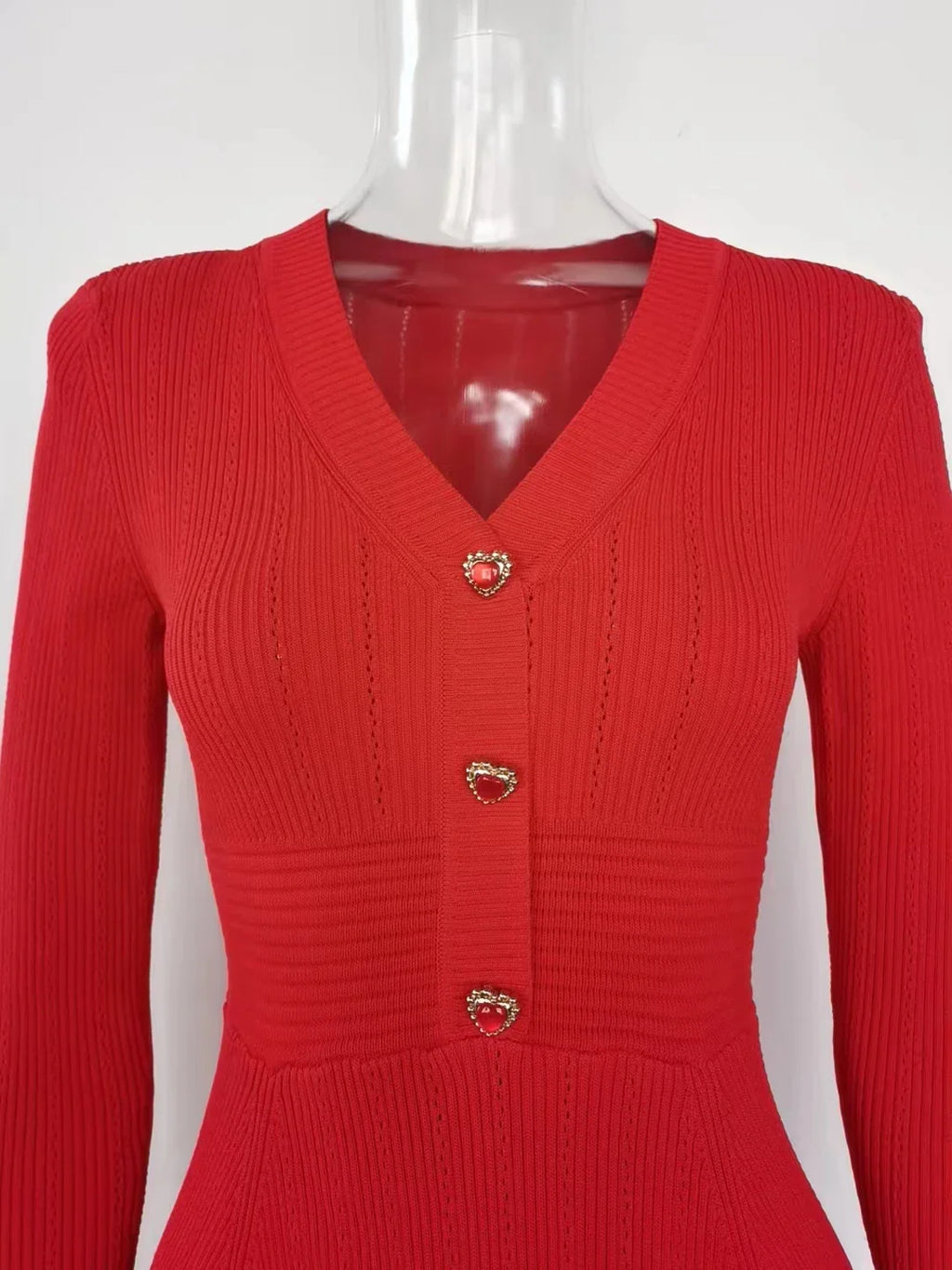 Knitted Long Sleeve V Neck Button Party Dress for Autumn