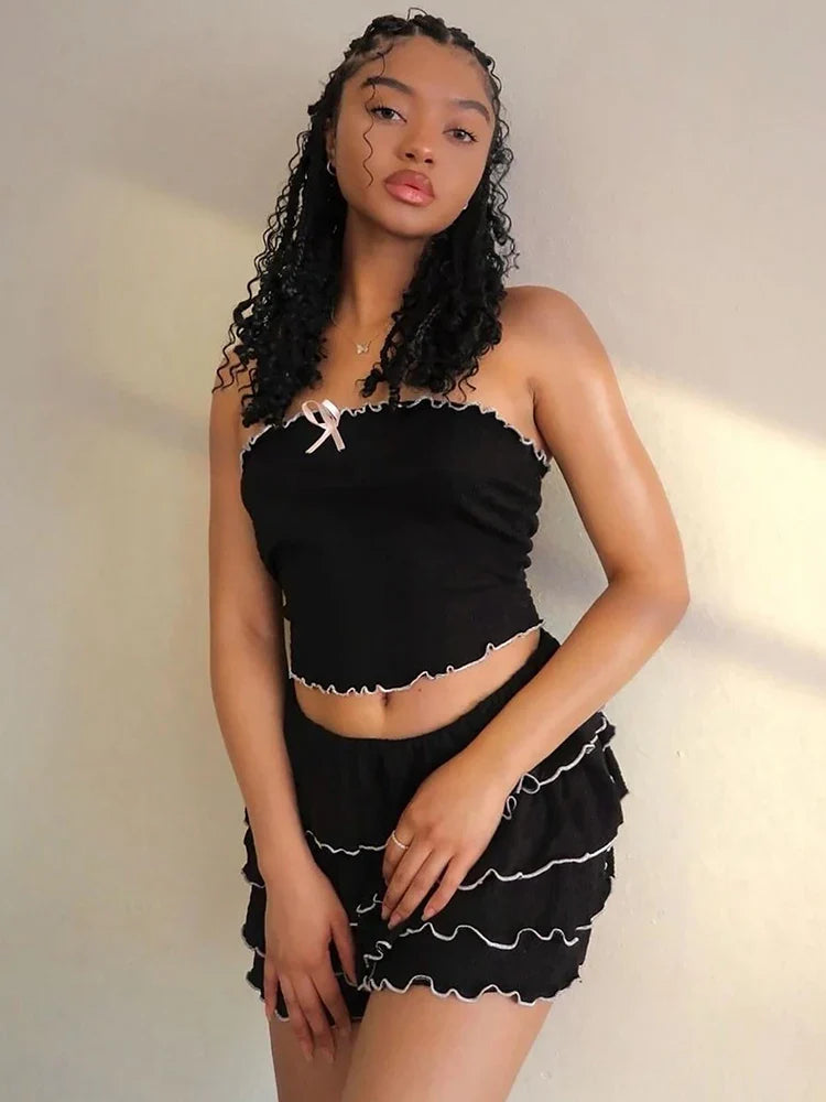 Sexy Matching Tube Top and Ruffled Skirt Set Women Summer Party Club Date Outfit Streetwear Y2K Style