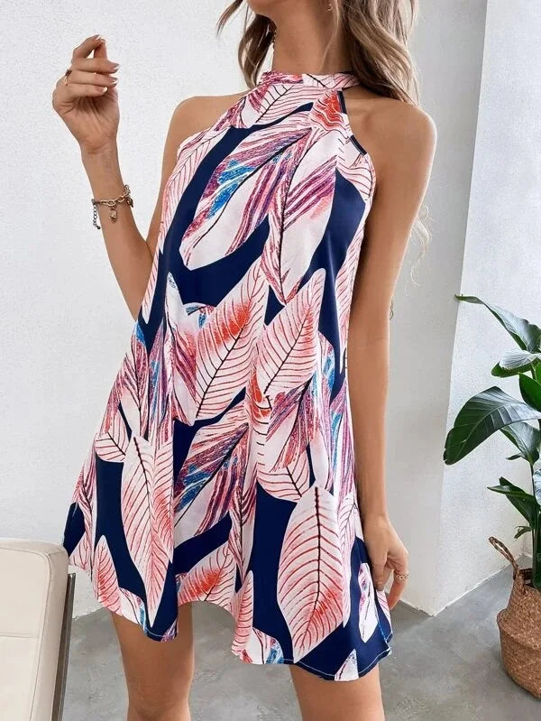 Open Back Sleeveless Summer Print Dress for Beach Vacation