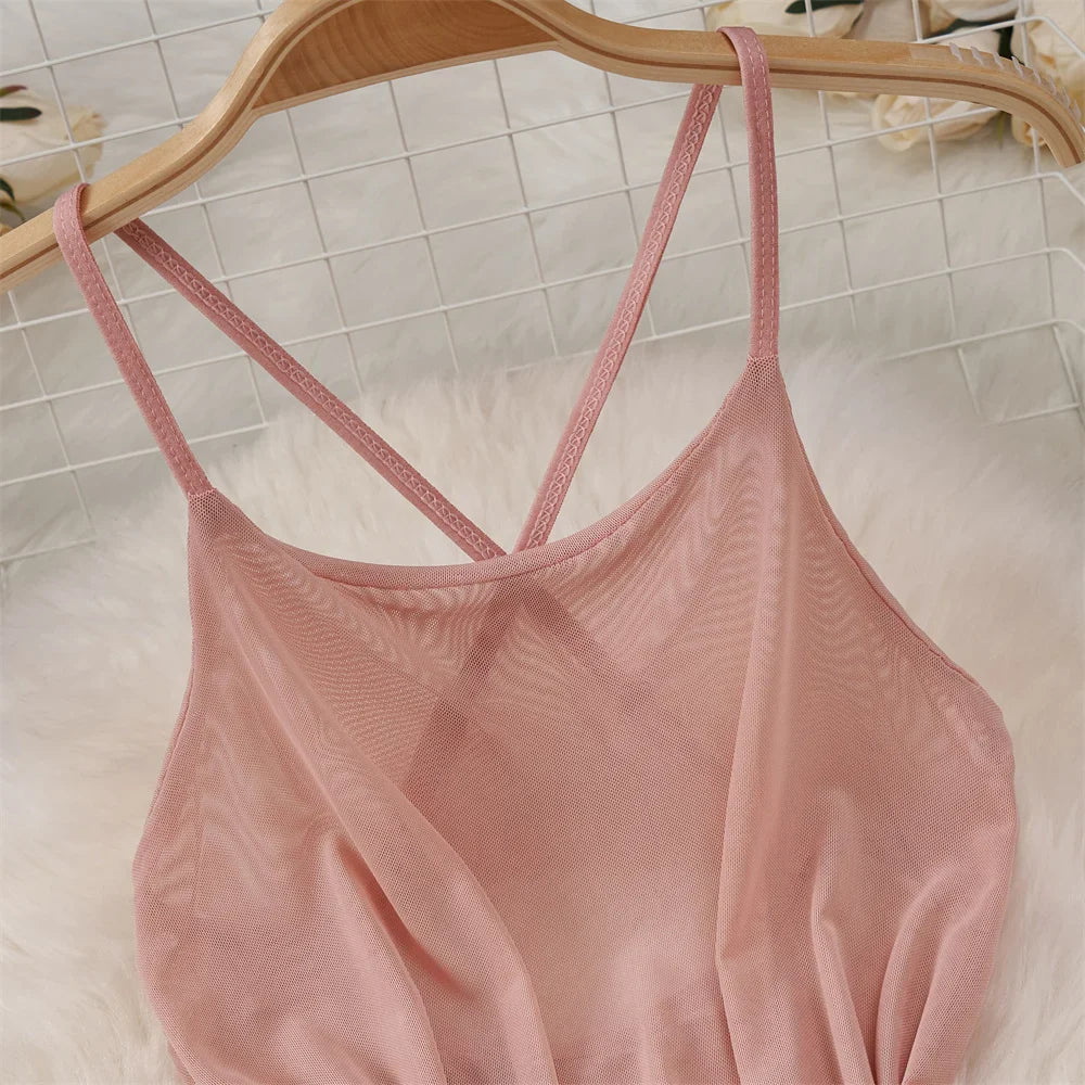 Backless Mesh Nightgown With Cross Strap Nightdress