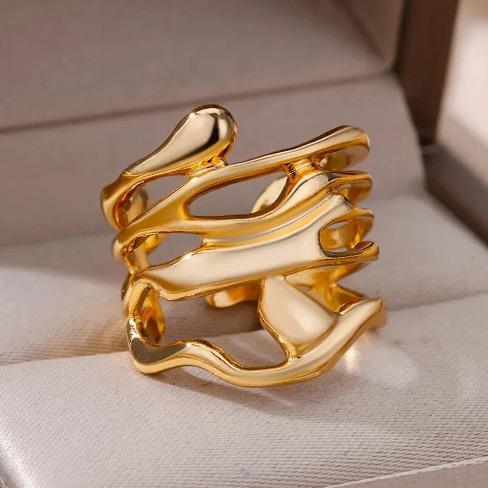 Gold Color Stainless Steel Wide Rings for Women and Men Hollow Design Party Jewelry Gift