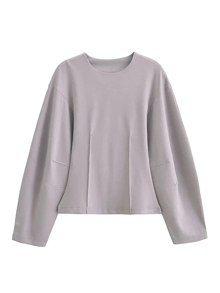 Women's Two Piece Crop Top and Wide Leg Trouser Set with Long Sleeve Round Neck Coat for Spring Streetwear