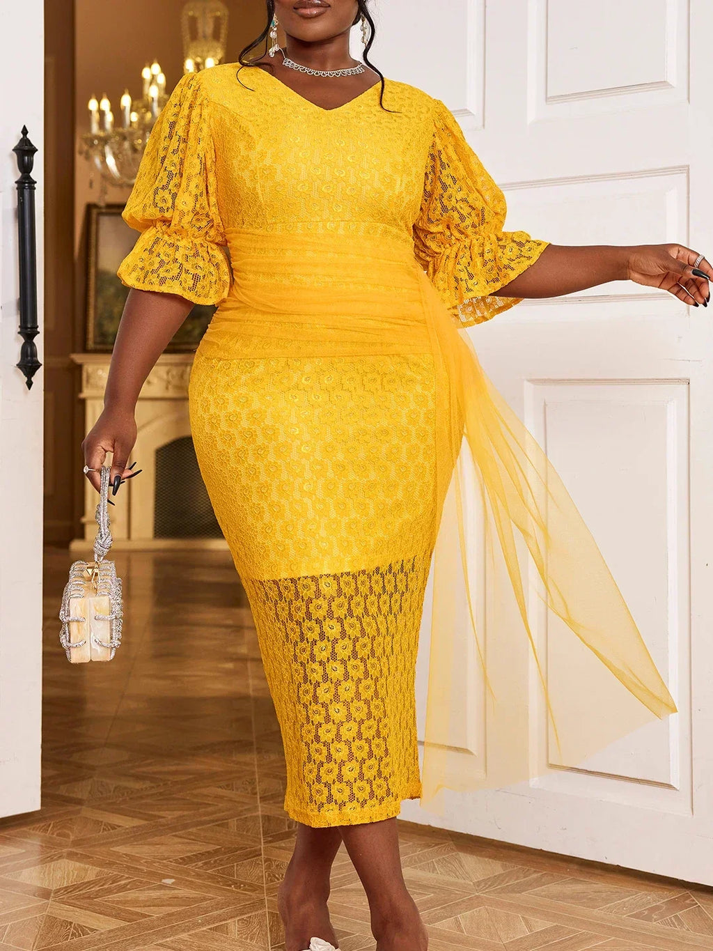 V Neck Lace Dress For Wedding Guest Lantern Sleeves Mesh