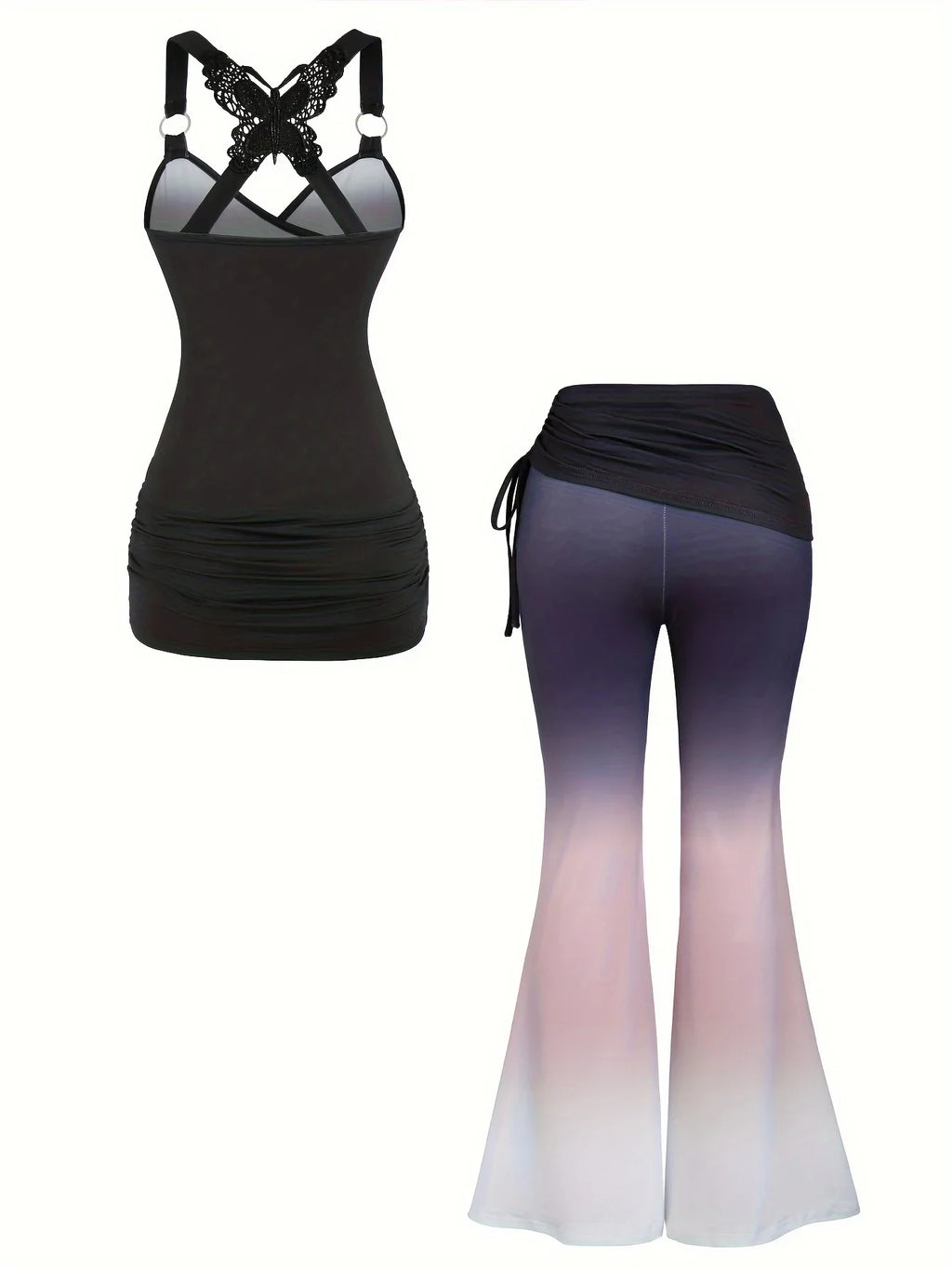 Butterfly Lace Cross Vest and Drawstring Wide-Leg Trousers Two-Piece Suit for Women