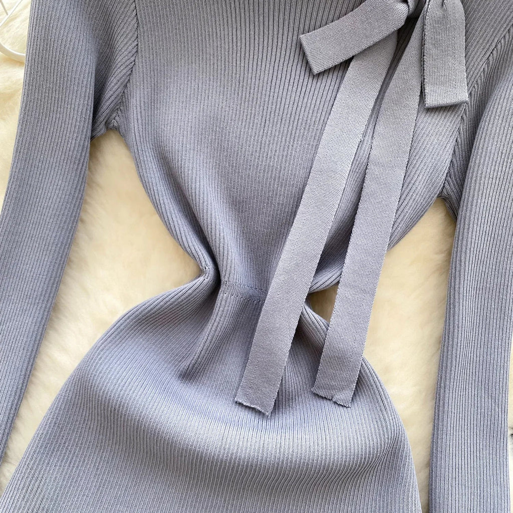 Knitted Short Dress With O Neck Bow Bodycon Chic Style