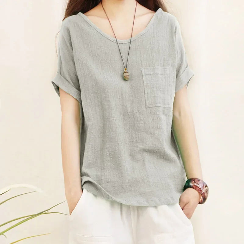 Women's Loose Fit Cotton Linen Blouse Short Sleeve Green O-Neck Casual Summer Top Large Size
