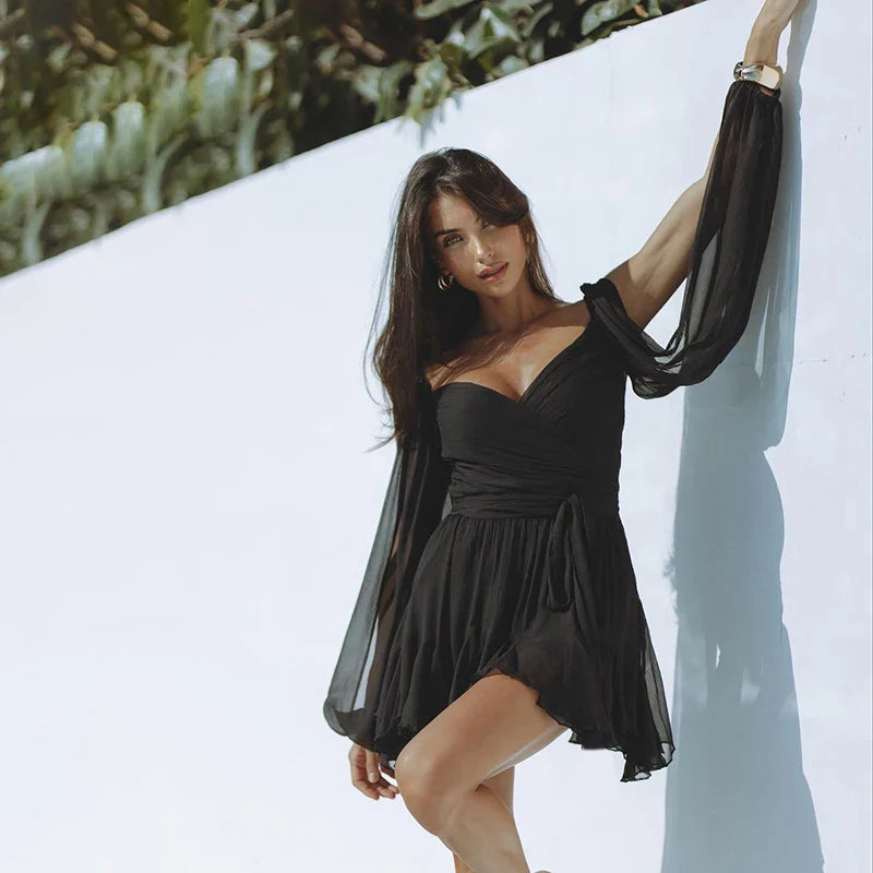 Off Shoulder V Neck Mini Dress For Women Long Sleeve Sheath