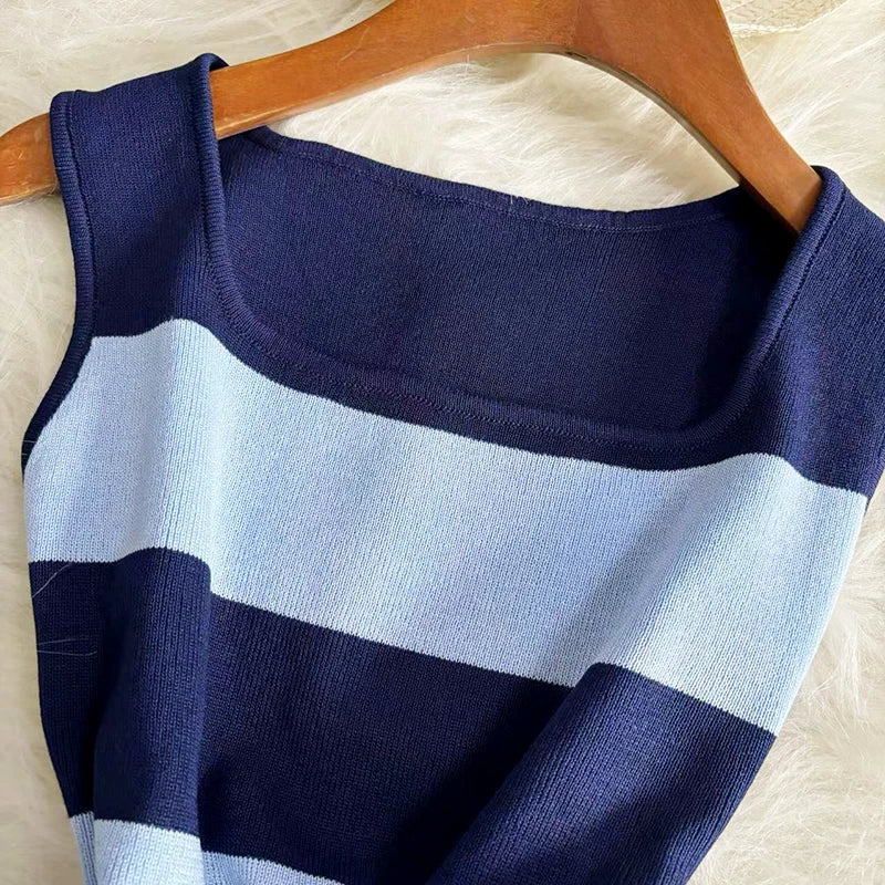 Striped Knitted Maxi Dress Square Neck Sleeveless Bodycon