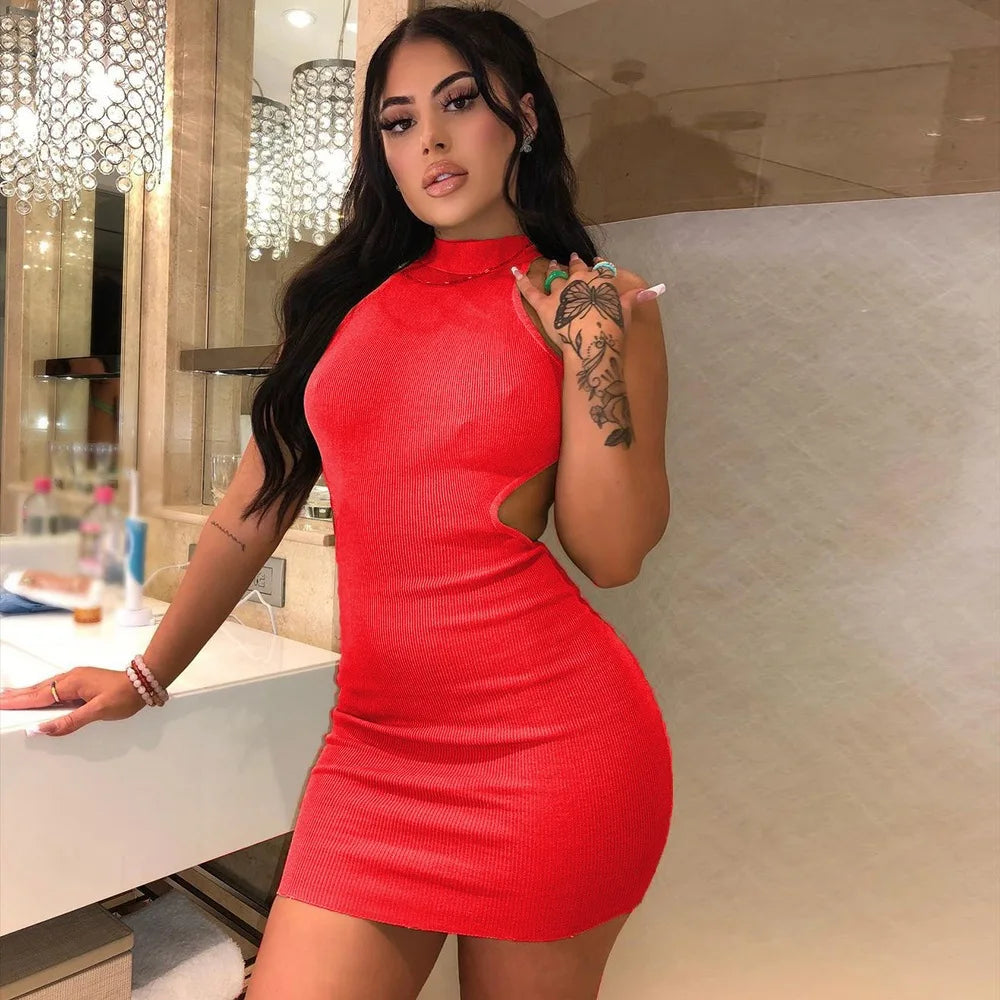 High Neck Hollow Cutout Dress With Back and Bust Details