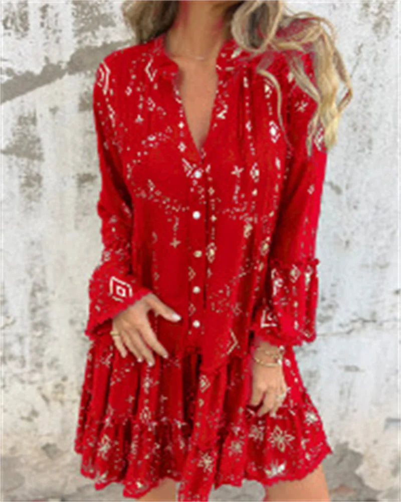 Gold Embossed Lace Sleeve Hollow Out Dress For Women