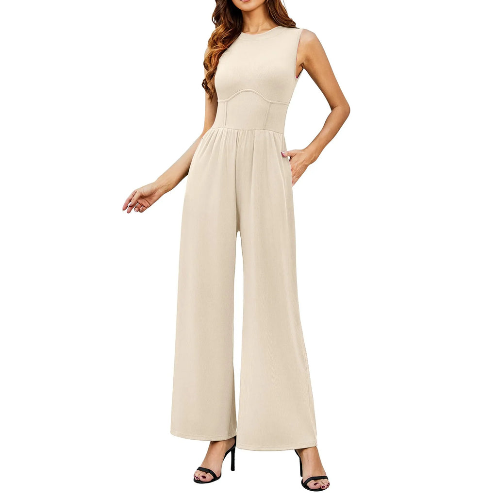 Women Sleeveless High Neck Ribbed Tank Top Jumpsuit Wide Leg Pants Romper with Tummy Control and High Waist Casual Summer Outfit