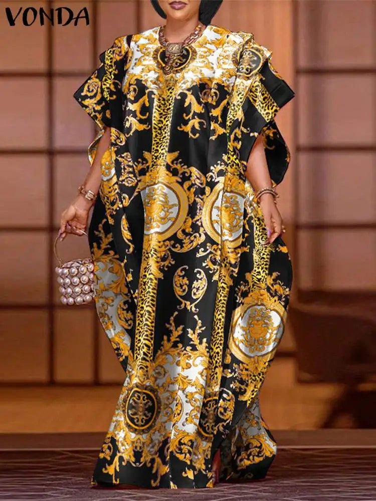 Satin Patchwork Maxi Dress Bat Wing Sleeve Elegant Dress