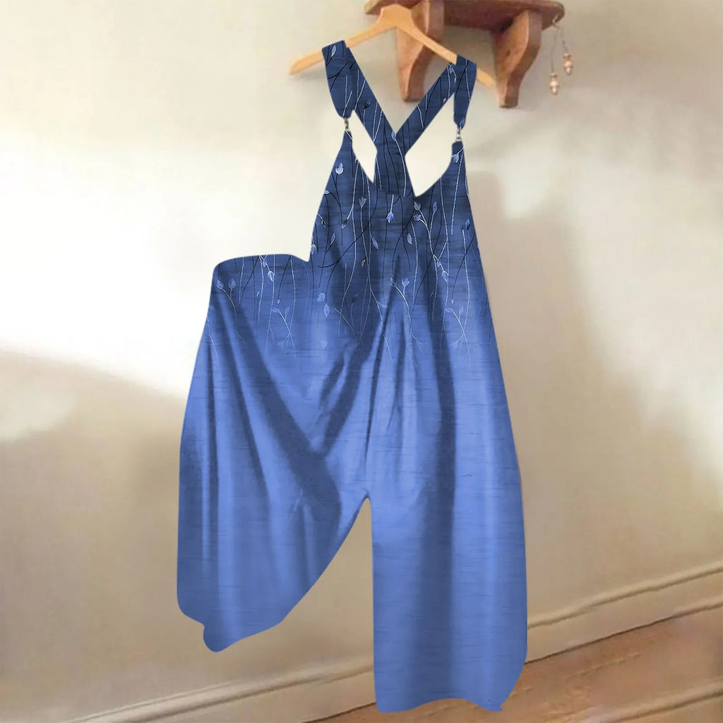 Wide Leg Sleeveless Overalls for Women Casual Loose Fit Jumpsuit with Retro Print Metal Buttons Long Pants Romper with Functional Pockets