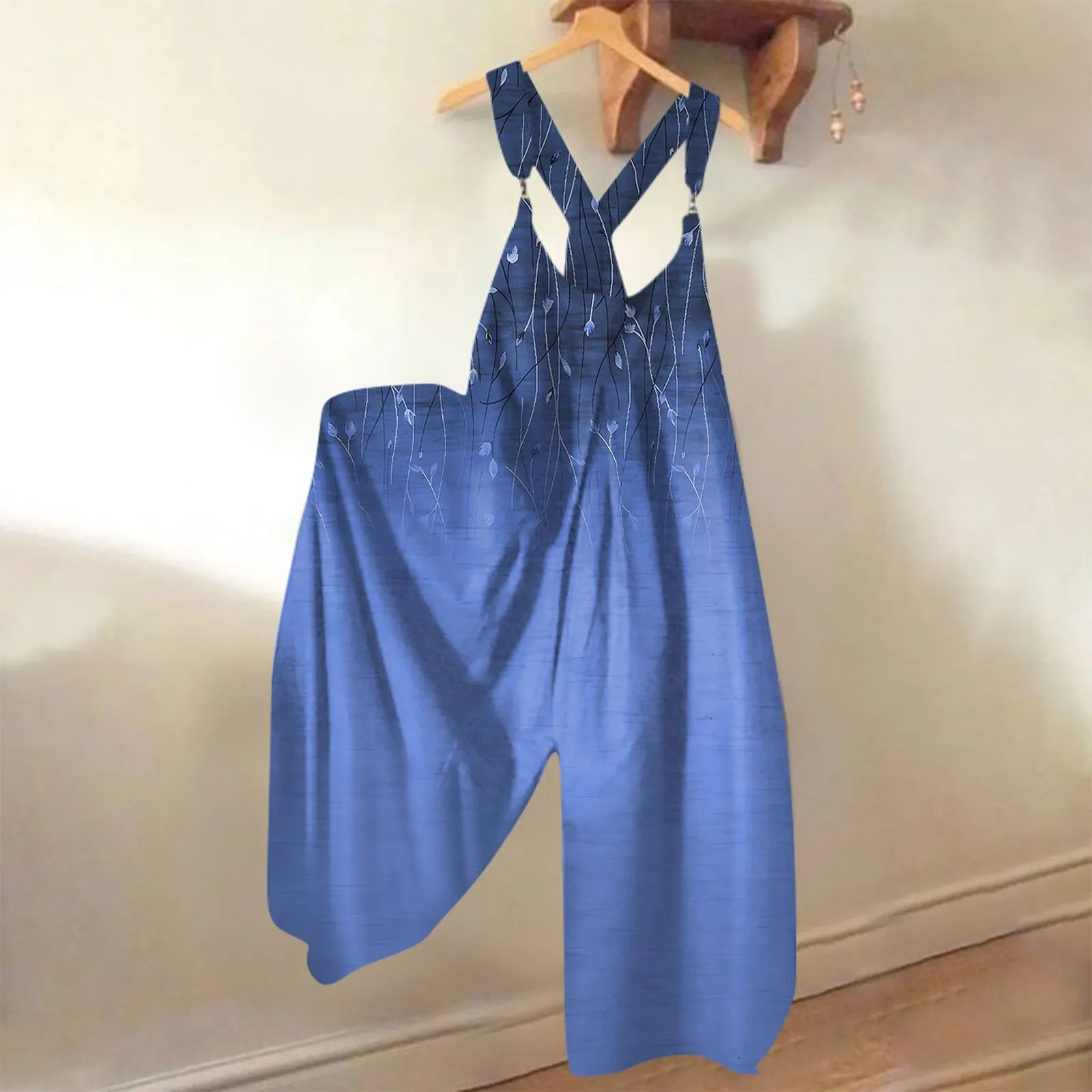 Wide Leg Sleeveless Overalls for Women Casual Loose Fit Jumpsuit with Retro Print Metal Buttons Long Pants Romper with Functional Pockets
