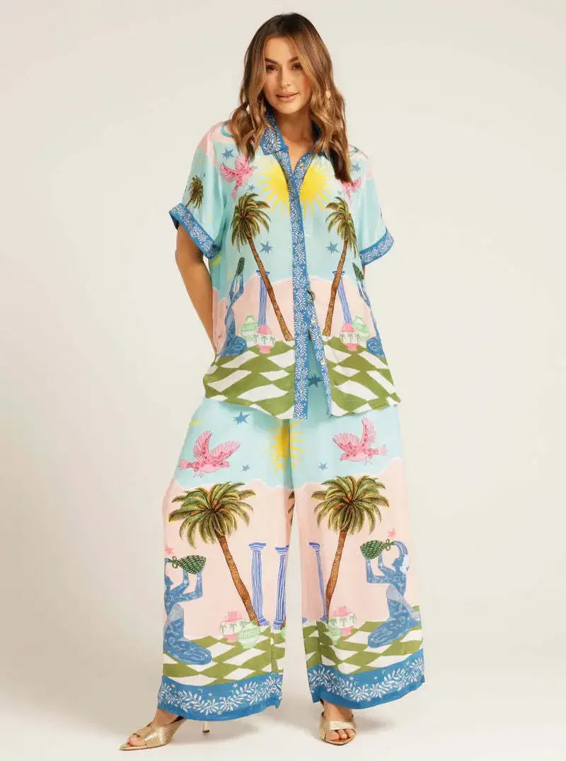 Summer Fashion 2 Piece Set for Women with Printed Half Sleeve Shirt and High Waisted Wide Leg Pants
