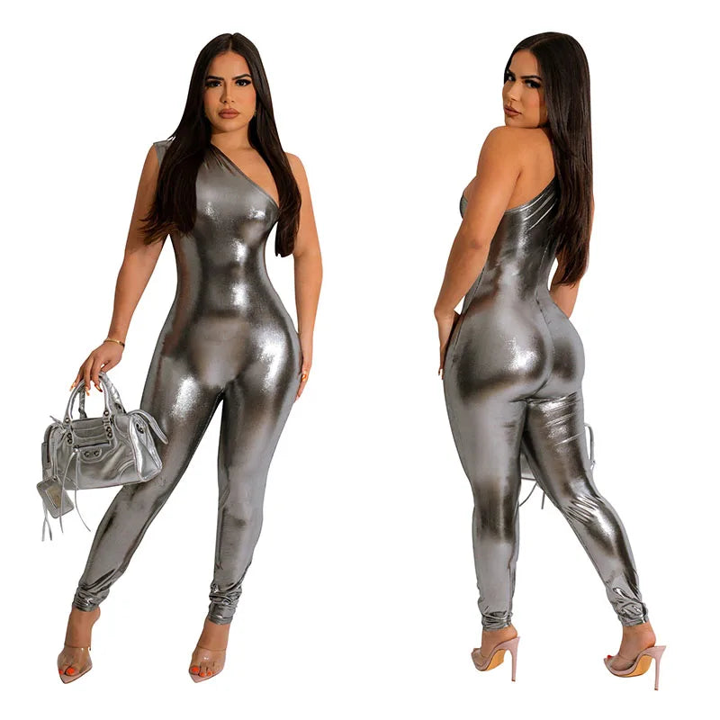 Elegant Shiny Metallic One Shoulder Sleeveless Jumpsuit Romper for Women Party Night Club Outfit