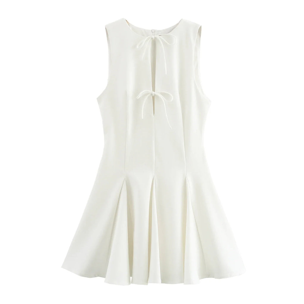 Hollow Out Bow Mini Dress Women Pleated Sleeveless Party