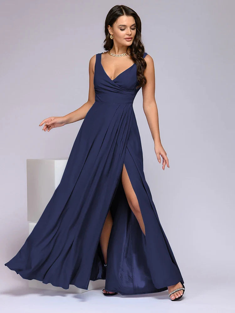 Deep V Neck Sleeveless Maxi Dress With Slit High Waist