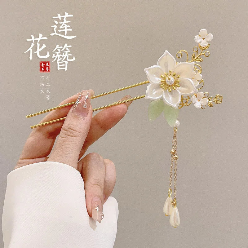 Elegant Enameled Flower Tassel Hair Clip Alloy Hairpin for Women Stylish Chinese Hair Accessory