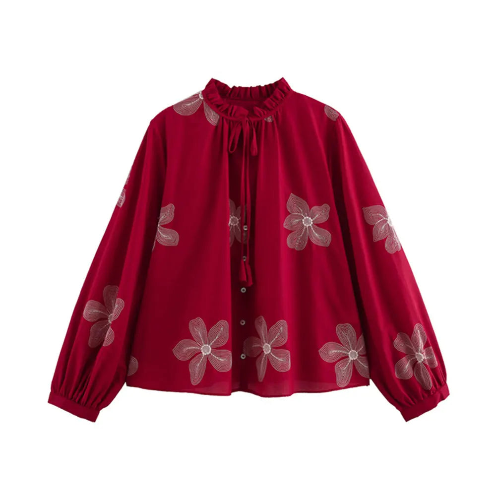 Women's Floral Embroidered Long Sleeve Button-Up Blouse Elegant Chic Shirt Top