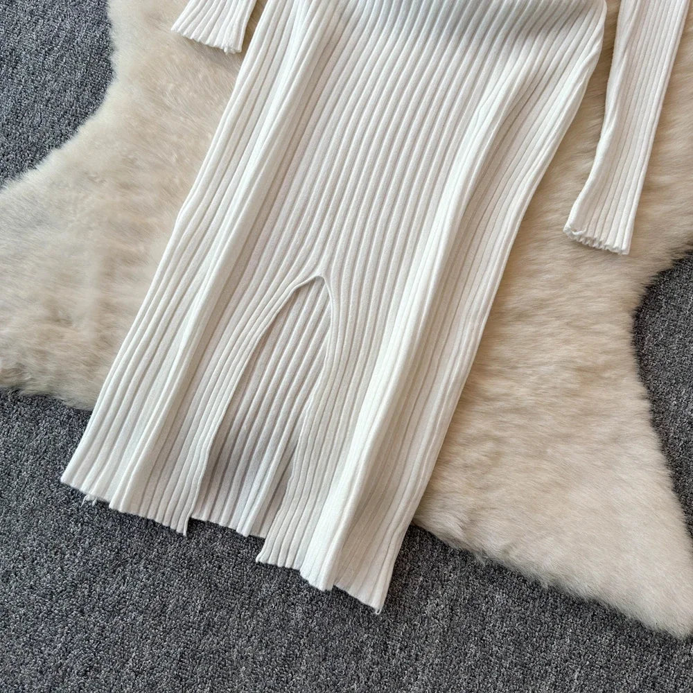 White Long Sleeve V Neck Lace Up Elegant Dress For Women