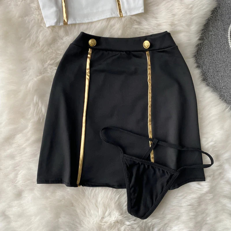 Women Sexy Lace Patchwork Hollow Skirt Suit Set with Turn-Down Collar Top Mini Skirt and Underpants 3-Piece Erotic Pajamas for Cosplay