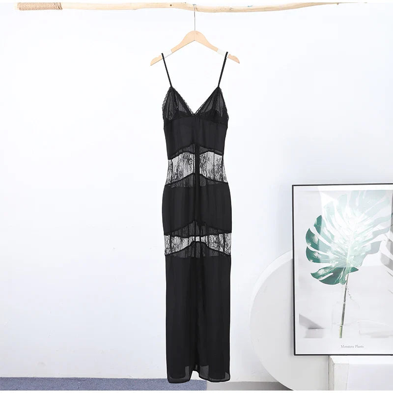 Black Backless Lace Maxi Dress For Women See Through