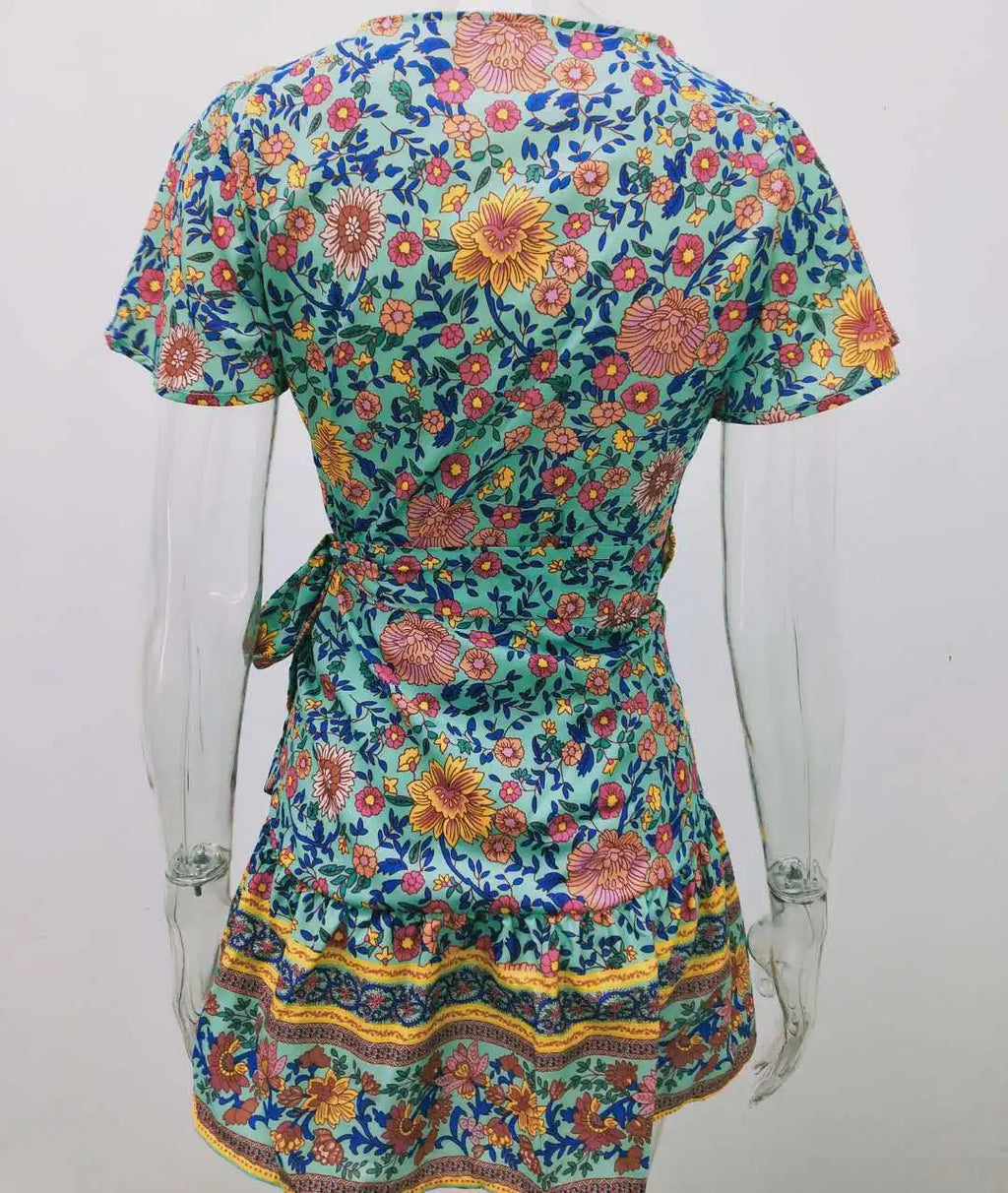 Bohemian Printed Dress With V Neck Lace Up Short Skirt