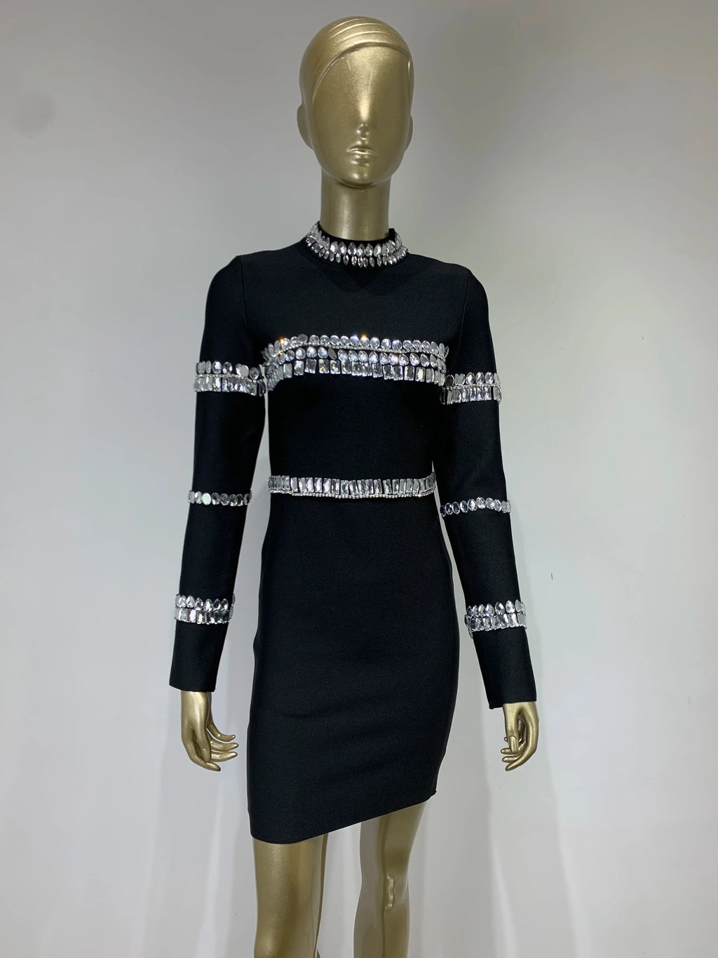 Nude Bandage Dress Beaded Turtleneck Long Sleeve Evening