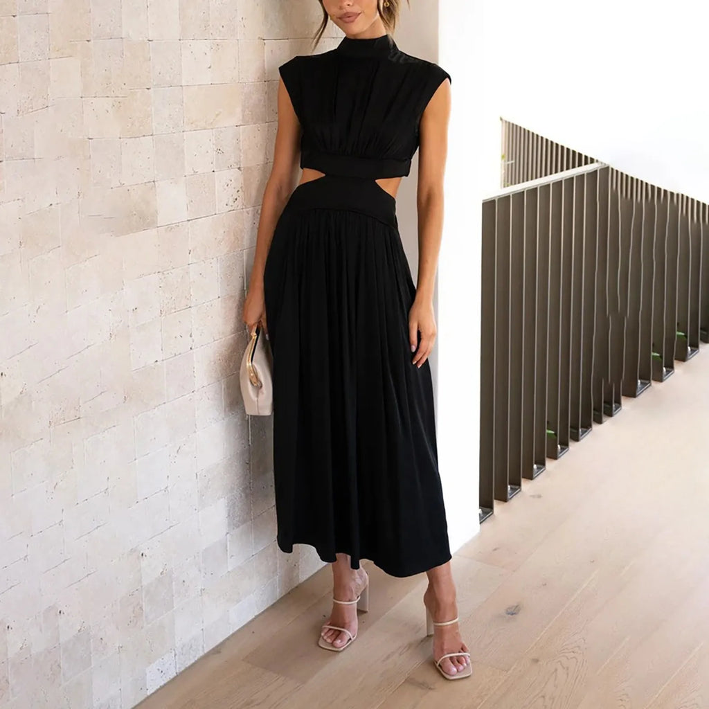 Solid Color High Waist Maxi Dress Sleeveless With Pockets