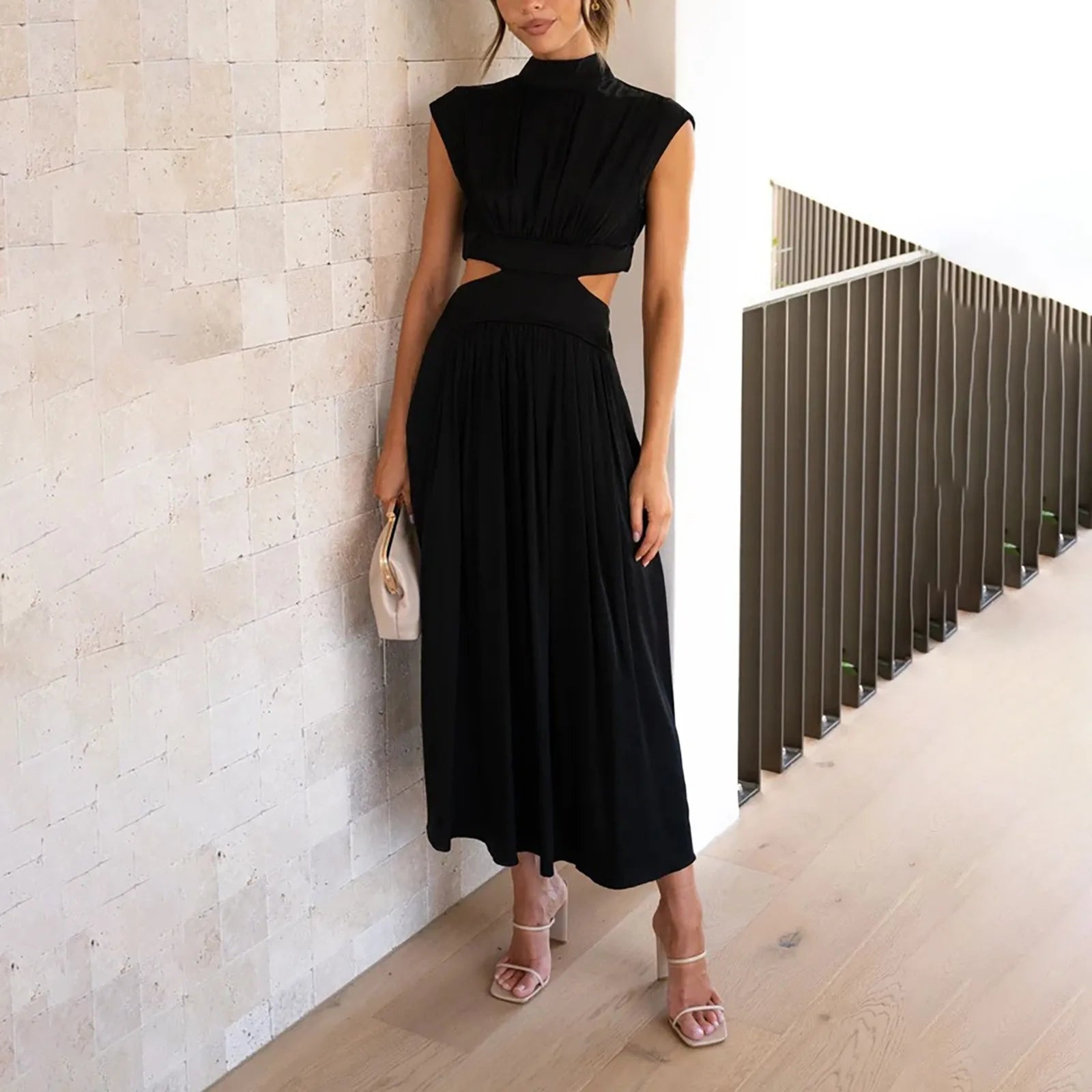 Solid Color High Waist Maxi Dress Sleeveless With Pockets