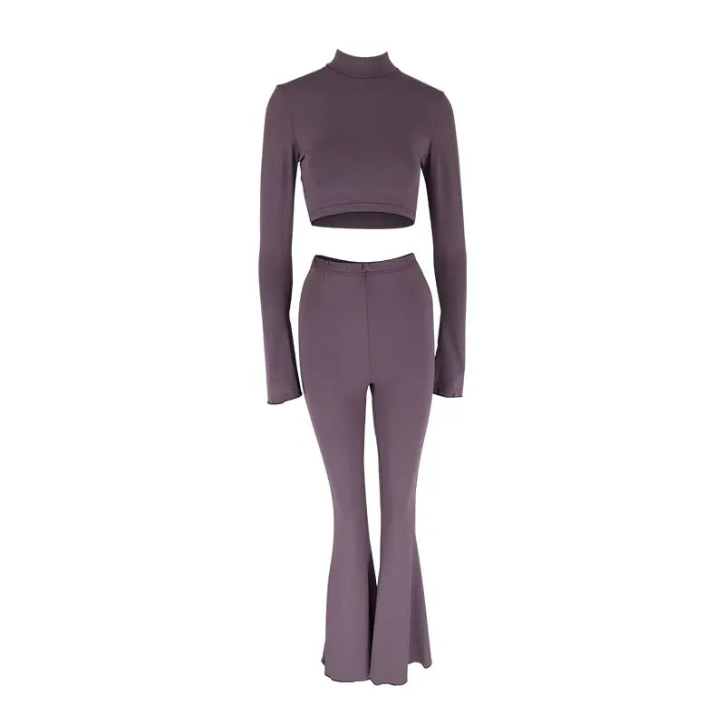 Autumn Winter Women's Casual Two Piece Set with High Collar Long Sleeve Top and Slim Fit Trousers