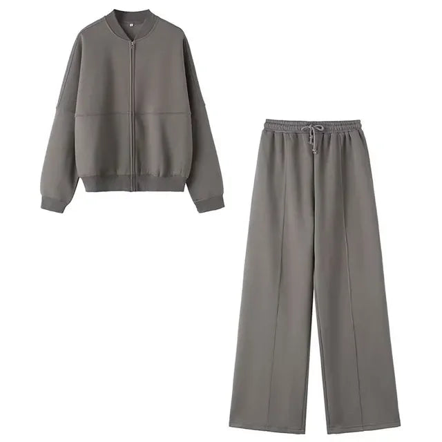 Autumn Women's Thick Hoodie Coat with Drawstring High Waist Loose Casual Pants Set Soft Fleece Lined Streetwear