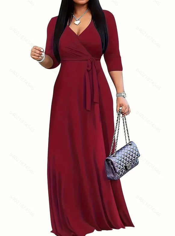 Bohemian Floral Maxi Dress With V Neck Three Quarter Sleeves