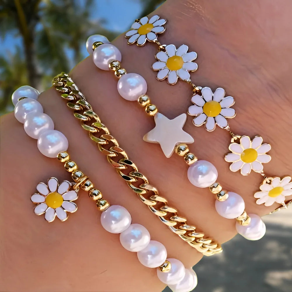 4pcs Vintage Daisy Flower Faux Pearl Bracelet Set for Women Bohemian Stackable Jewelry