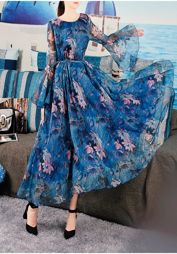 Plus Size Vintage Floral Maxi Dress With Bell Sleeves