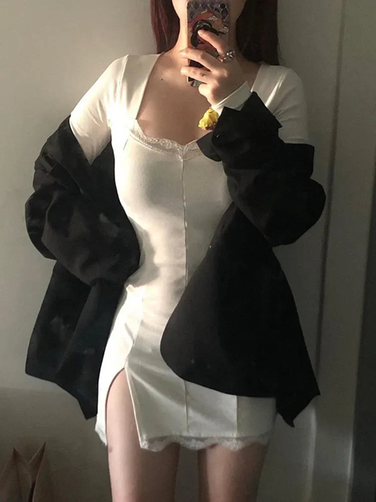 Sexy Lace Patchwork Long Sleeve Split Dress For Party