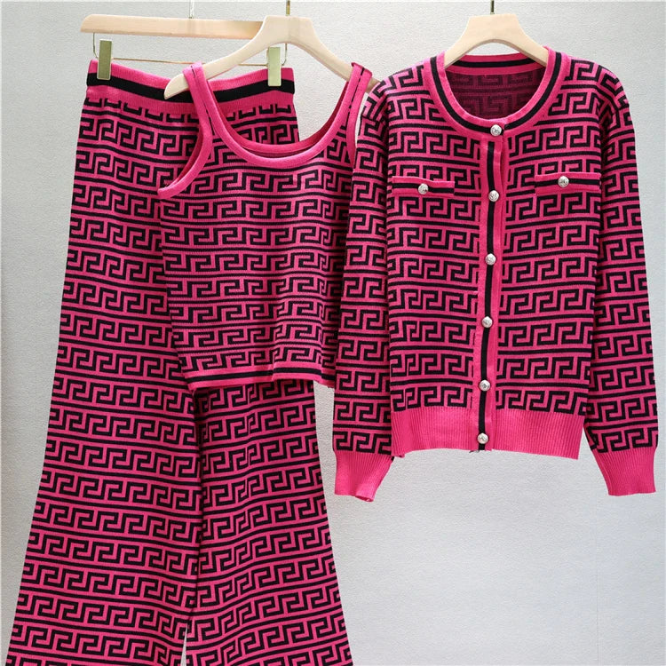 Elegant Casual Three-Piece Women's Fashion Houndstooth Printed Fitted Vest and Plaid Trousers Set for Spring and Autumn
