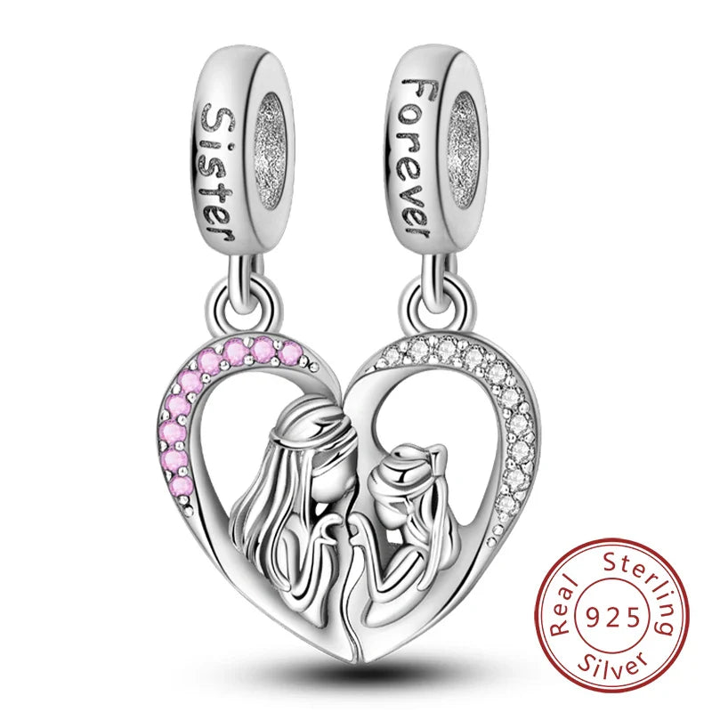 925 Sterling Silver Love Heart Family Charm Bead Pendant for Women's Bracelet Jewelry Gift