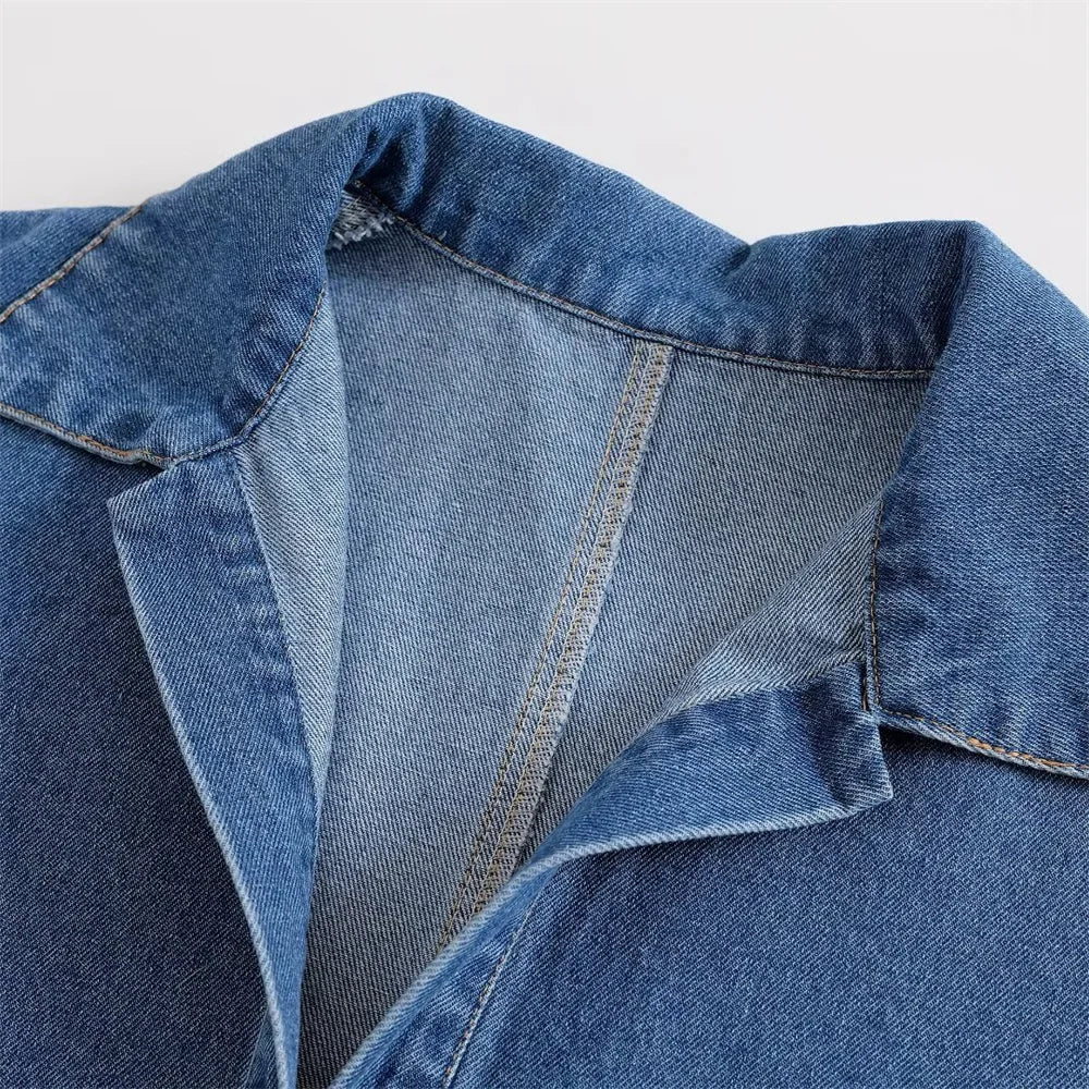 Solid Color V-Neck Loose Denim Pullover Top and High Waist Trousers Set for Women