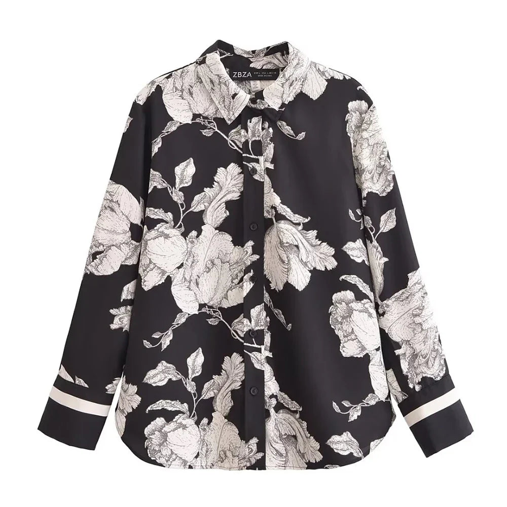 Casual Fashion Printed Collar Long Sleeve Shirt and Drawstring Pants Set for Women