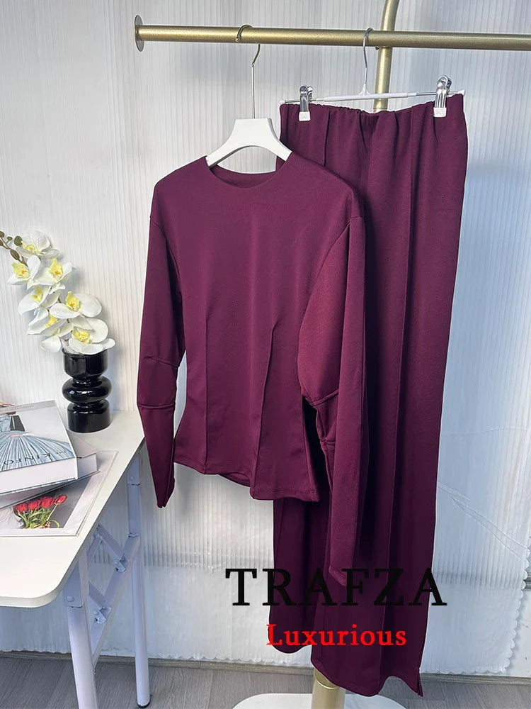 Casual Chic Red Women Elastic Two-Piece Set Long Sleeve Slim O Neck Top with High Waist Wide Leg Pants Stylish Spring Summer Outfit