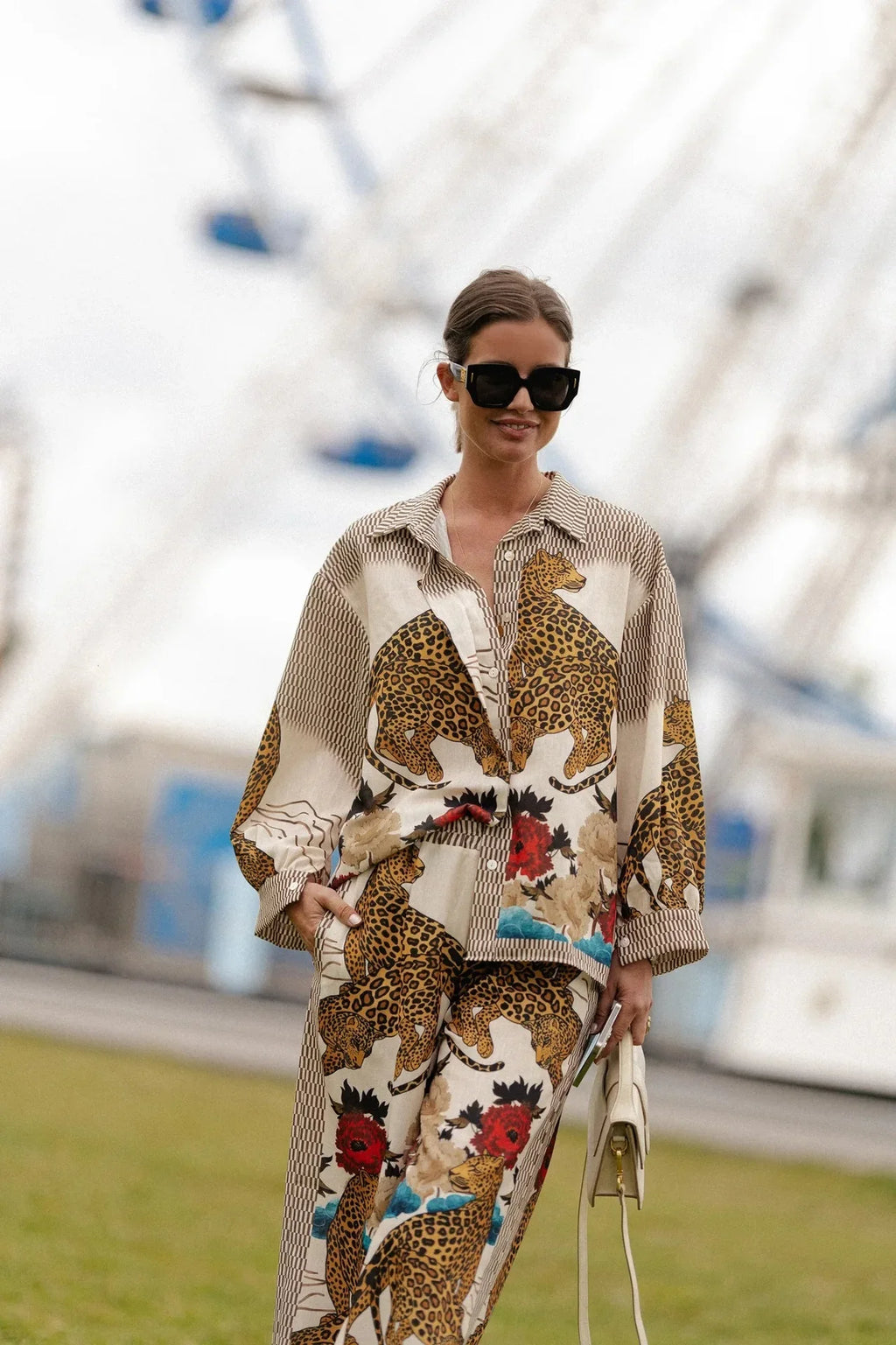 Autumn Women Leopard Print Suit Vintage Single Breasted Wide Leg Pants Set Casual Loose Outfit